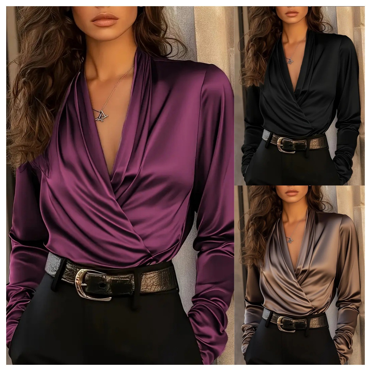 Women Formal Office Wear Tops - Kadın Saten Kruvaze V Yaka Uzun
