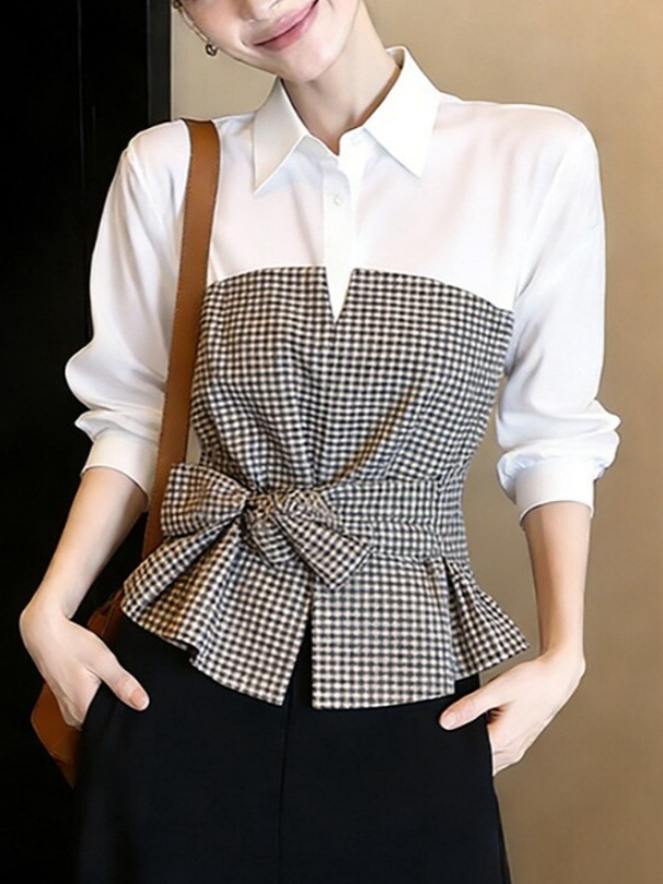 Women Formal Wear White Shirt - Yeni Beyaz Siyah Gingham Patchwork Bluz,