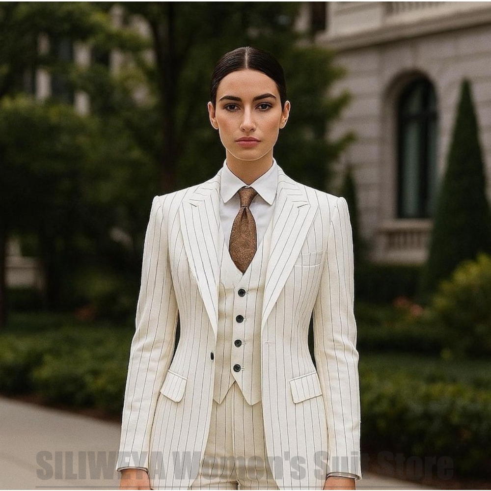 Women Formal Wear White Shirt - Beyaz Çizgili Kadın Takım Elbise 3