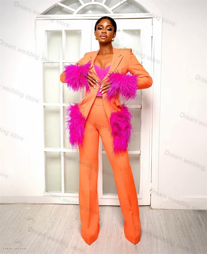 Women Formal Wear Tailor - Devekuşu tüyü turuncu kadın takım elbise