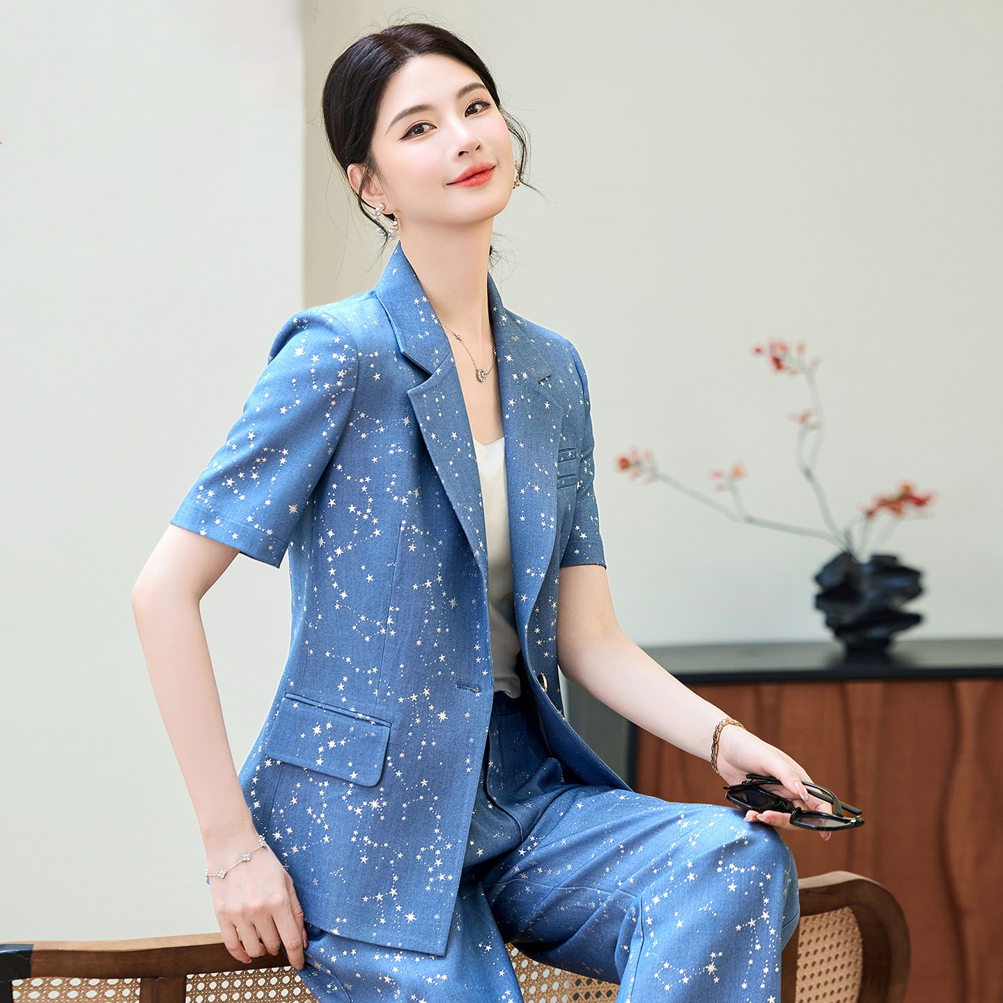 Women Formal Wear With Blazer - Moda Mavi Sarı Kısa Kollu Profesyonel