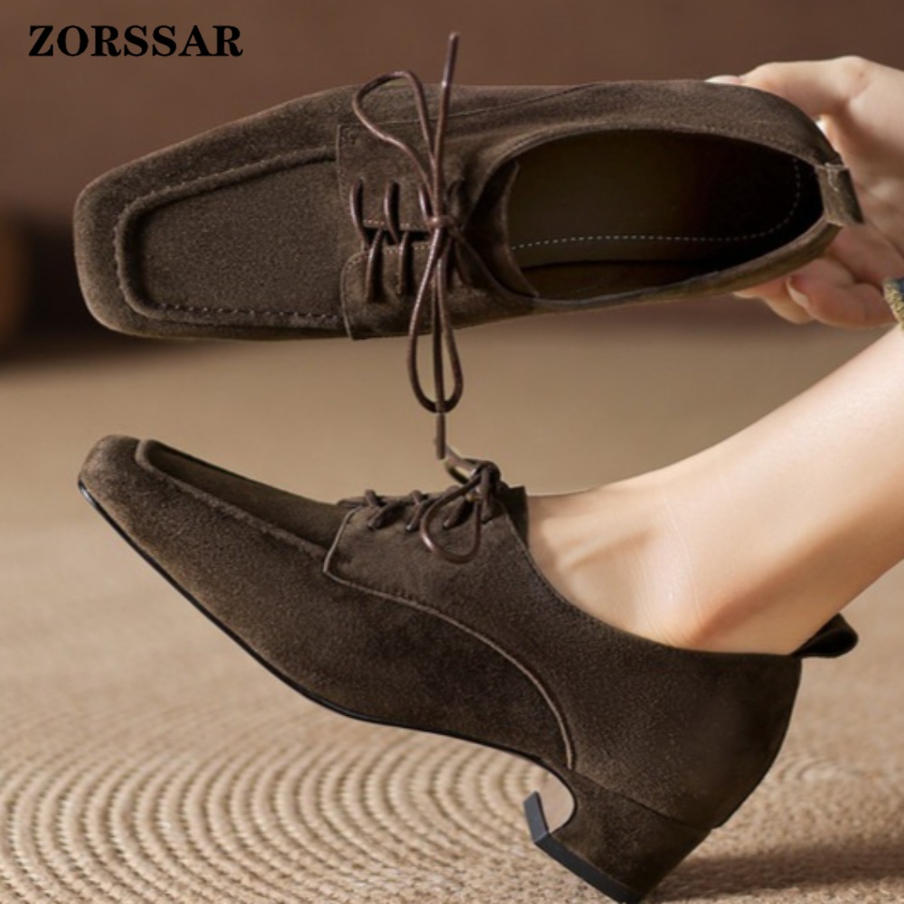Formal Women Daily Wear Shoes - Kadın Kahverengi Süet Kare Burunlu Bağcıklı