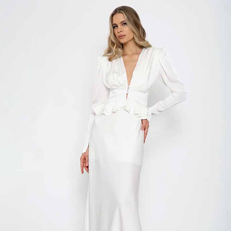 Women Formal Wear White Shirt - Kadın Beyaz Gömlek Derin V Yaka