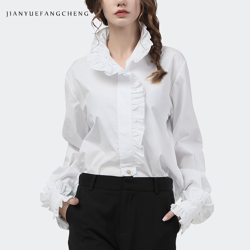 Women Formal Office Wear Tops - Zarif Ruffles kadınlar beyaz pamuk gömlekler