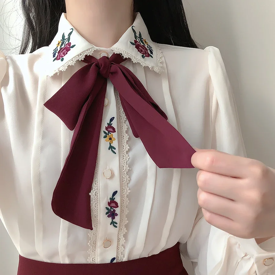 Retro Vintage Nakış Papyon Üst - Women Formal Wear White Shirt incelemesi ve fiyatı
