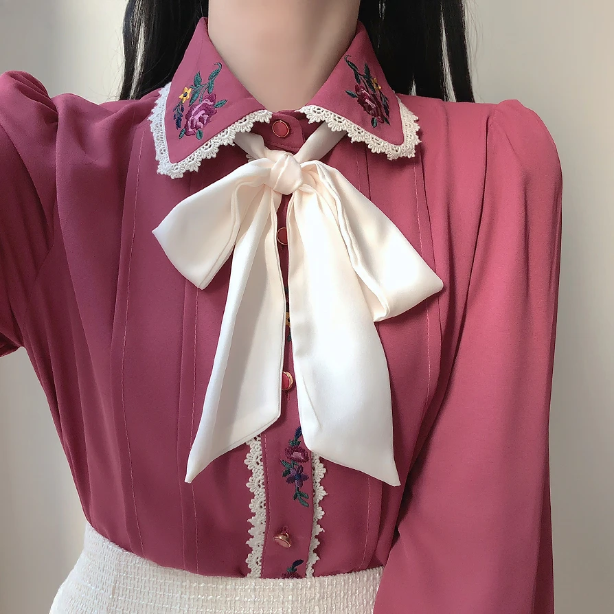 Retro Vintage Nakış Papyon Üst - Women Formal Wear White Shirt incelemesi ve fiyatı